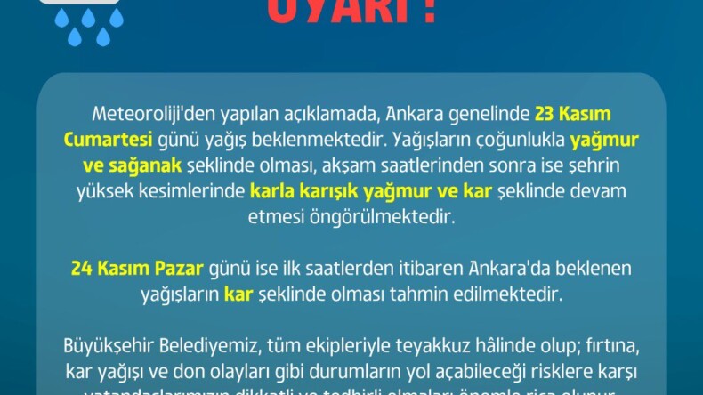 Ankara Büyükşehir Belediyesi’nden ‘sağanak’ uyarısı