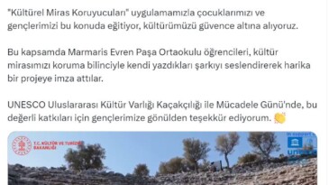 Bakan Ersoy, ortaokul öğrencilerinin kültür mirasını koruma bilinciyle söylediği şarkıyı paylaştı