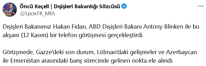 Bakan Fidan, ABD’li mevkidaşı Blinken ile telefonda görüştü