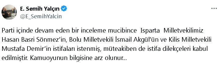 MHP’li Yalçın: İstifası istenen 3 milletvekilinin dilekçesi kabul edildi