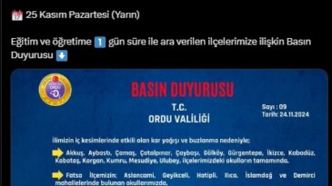 Ordu’nun 15 ilçesinde eğitime 1 günlük kar tatili