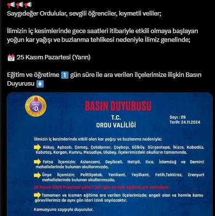 Ordu’nun 15 ilçesinde eğitime 1 günlük kar tatili