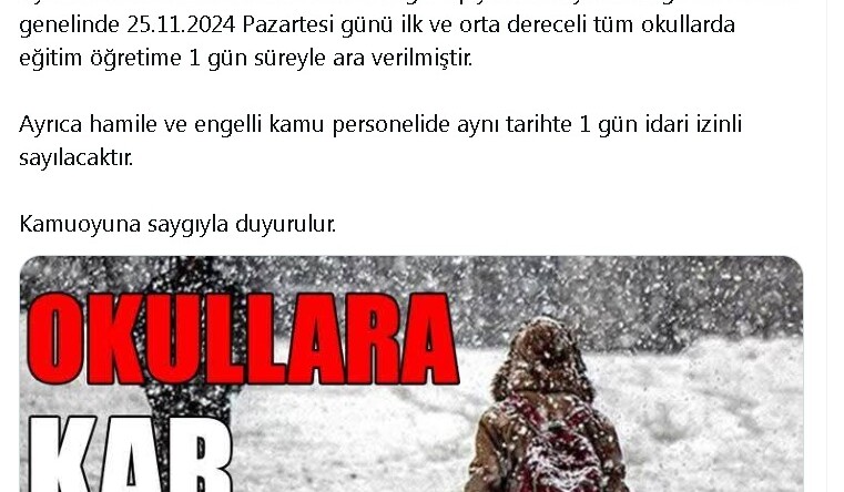 Yozgat’ta eğitime 1 gün ara verildi